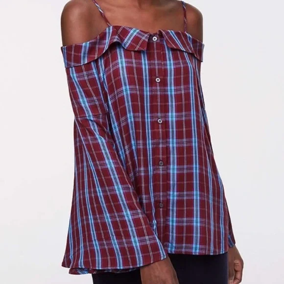 NWT Loft Cold Shoulder Plaid Top Size XL 🌸 - Picture 6 of 6